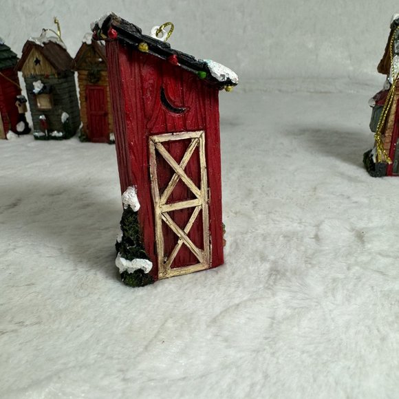 Set of 6 Christmas hanging ornaments Outhouses Resin 3 1/2" tall different style - Picture 6 of 12